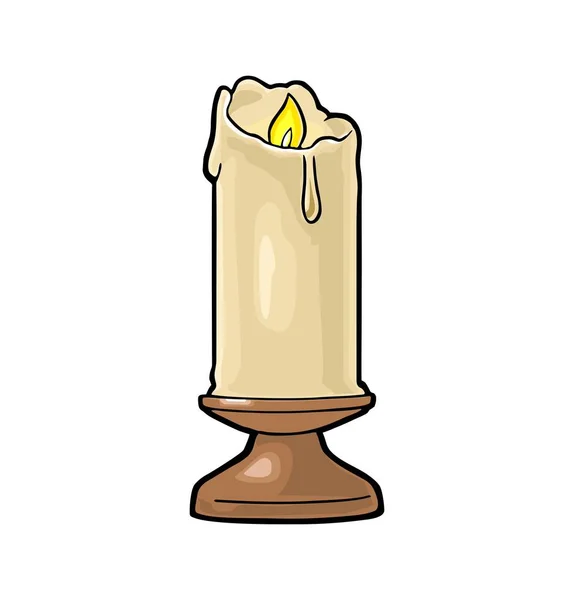 Горящая свеча с держателем и пламенем огня. Винтажная векторная гравировка — стоковый вектор