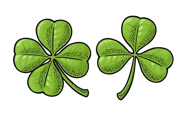 Good luck vier en drie leaf clover. Vintage vector gravure — Stockvector