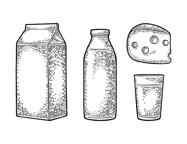 Milk box carton package, glass, bottle, cheese. Vector engraving — Stock Vector