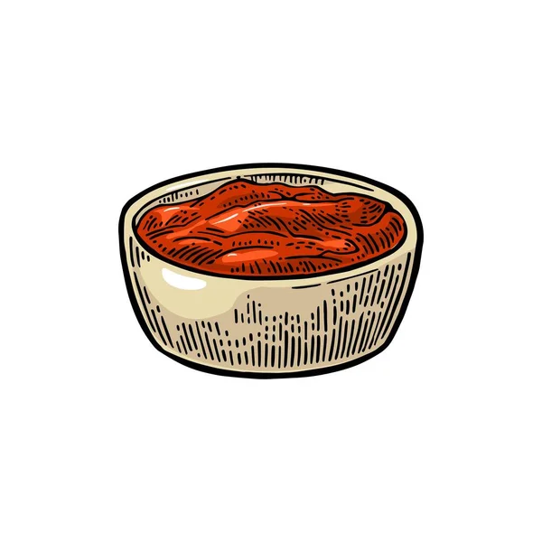 Ketchup in kom. Vectorillustratie kleur vintage gravure — Stockvector