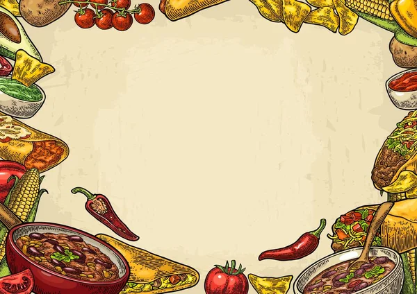 Мексиканские традиционные блюда меню ресторана шаблон с ингредиентом — стоковый вектор