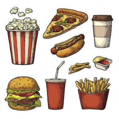 Set lokanta. Su bardağı kola, kahve, hamburger, pizza, hotdog, fry patates Anmalık kutular, karton kova tam patlamış mısır ve ketçap.
