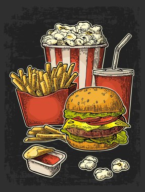 Poster lokanta ile. Cola, hamburger, sosisli, kızartma patates, Mısır