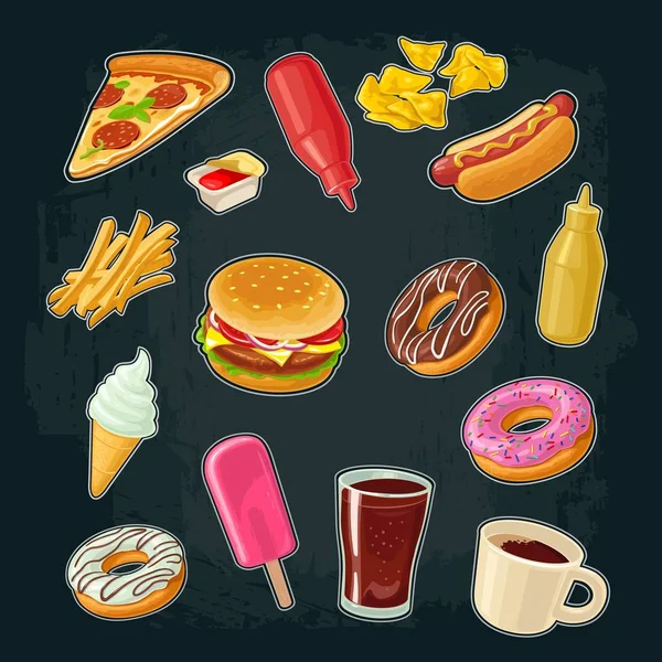 Zet fastfood klaar. Donut, ijs, pizza, hamburger, pizza, hotdog — Stockvector