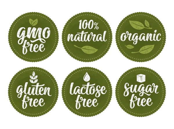 Gluten, lactose, sugar, gmo free lettering. Sign 100 natural organic food — Stock Vector