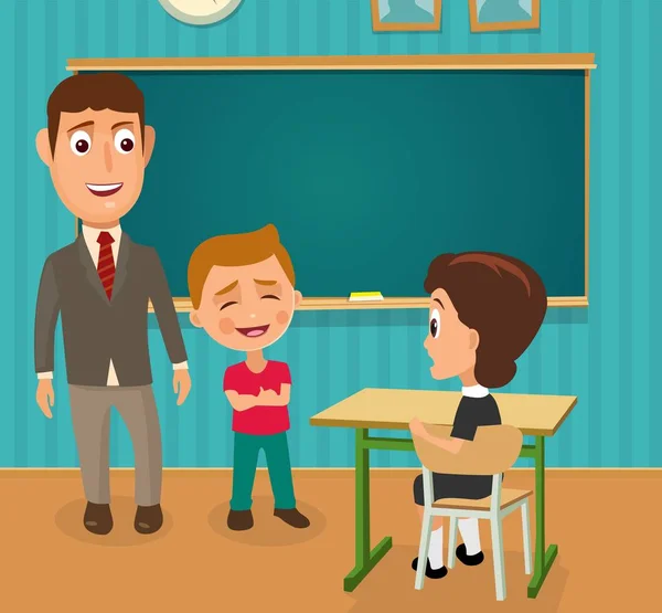 Lärare, pojke och Skolflicka sitter vid ett skrivbord — Stock vektor