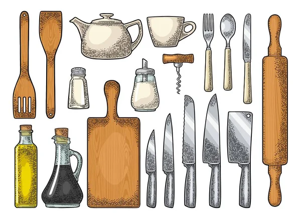 Conjunto de utensílios de cozinha. Gravura Vector vintage —  Vetores de Stock