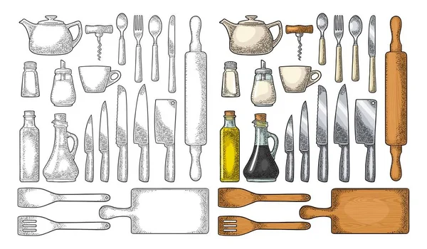 Conjunto de utensílios de cozinha. Gravura Vector vintage — Vetor de Stock