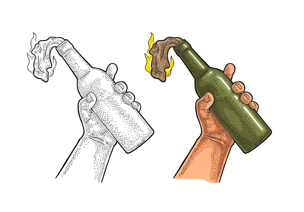 Mão masculina segurando o Cocktail Molotov. Gravura vintage vetor ilustração . — Vetor de Stock