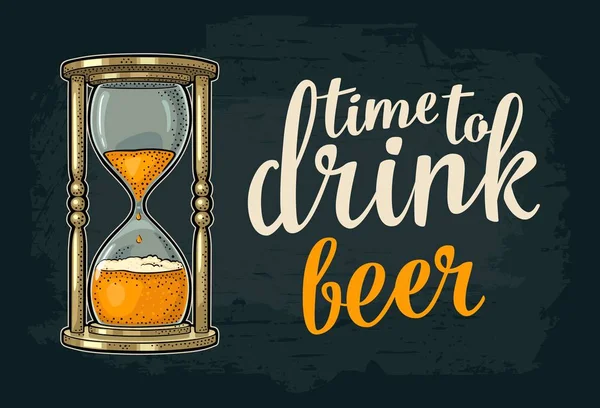 Reloj de arena retro con cerveza. Grabado vectorial vintage — Archivo Imágenes Vectoriales