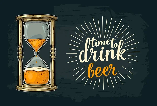 Reloj de arena retro con cerveza. Grabado vectorial vintage — Archivo Imágenes Vectoriales