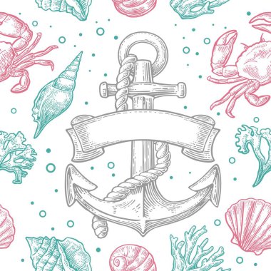 Seamless modeli deniz kabuğu, mercan, yengeç ve kurdele ile çapa