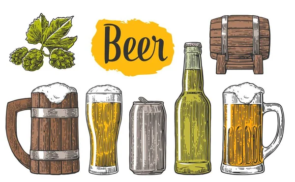 Clase de cerveza, lata, botella, barril. Ilustración de grabado vectorial vintage para web, póster, invitación a fiesta de la cerveza. Elemento de diseño dibujado a mano aislado sobre fondo blanco — Vector de stock