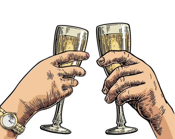 Weibliche und männliche Hände halten und klirren mit zwei Gläsern Champagner. — Stockvektor