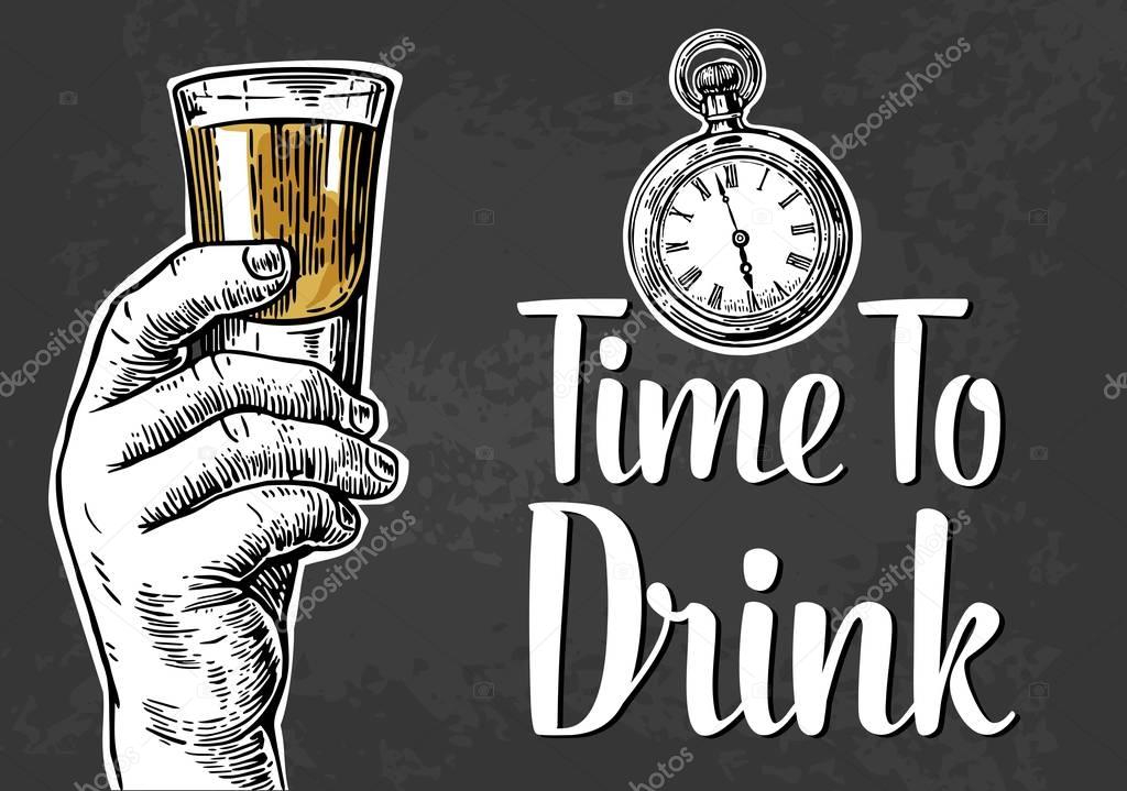 Male hand holding a shot of alcohol drink. hand drawn design element. engraving style. vector illustration. Invitation to a party - time to drink.