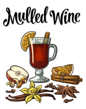 Mulled şarap cam ve malzemeler ile. Vektör siyah vintage oyma