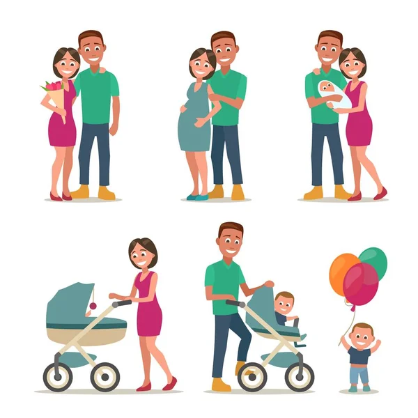 Stages of creating family. Love, pregnancy, birth. Couple and child. — Stock Vector