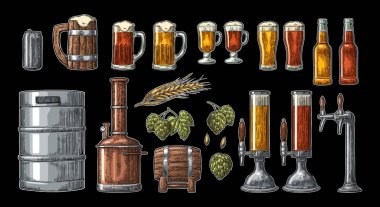Beer set with tap, class, can, bottle and tanks from brewery factory. clipart