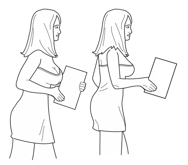Podnikatelka nese papíru. Černá vektorové ilustrace izolované na bílém pozadí — Stockový vektor