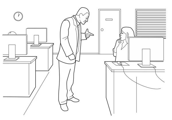 Cartoon business. Boss arg och kvinnan rädd i öppna kontor. Svart vektorillustration isolerade på vit bakgrund — Stock vektor