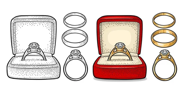 Anillo de boda con diamante en una caja de regalo. Ilustración de grabado de vector de color vintage — Vector de stock