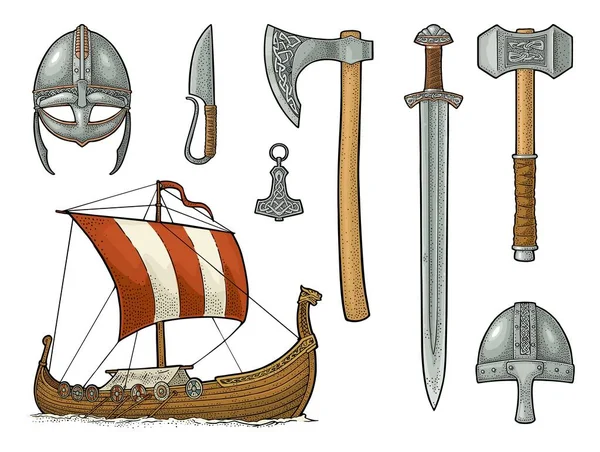 Conjunto vikingo. Cuchillo, drakkar, hacha, casco, espada, martillo, amuleto thor — Archivo Imágenes Vectoriales