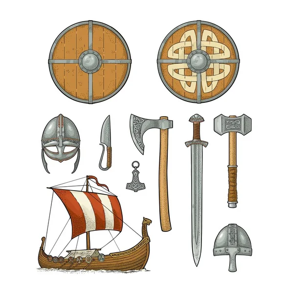 Mets Viking. Couteau, drakkar, hache, casque, épée, marteau, thor amulette — Image vectorielle