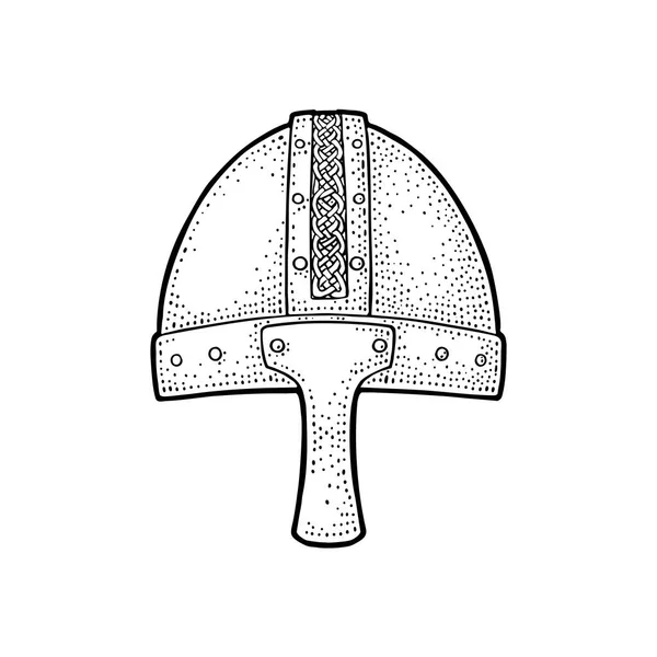 Средневековый шлем викингов. Гравировка винтажной чёрной иллюстрации . — стоковый вектор