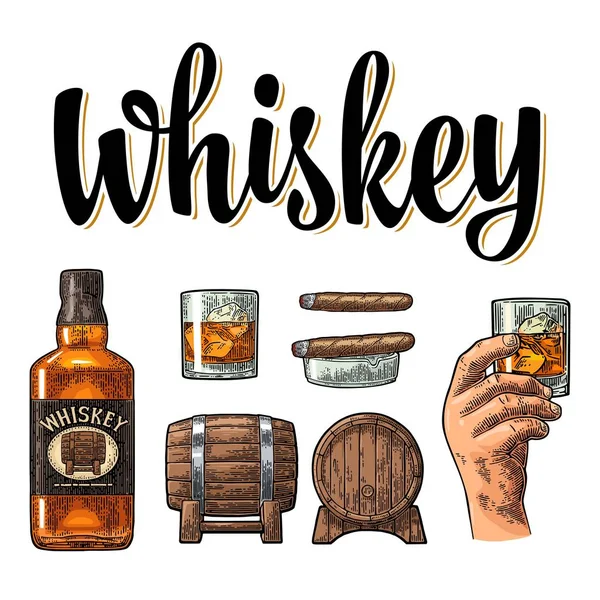 Whiskeyglas mit Eiswürfeln, Fass, Flasche und Zigarre. — Stockvektor