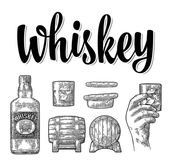 Whiskey glass with ice cubes, barrel, bottle and cigar. — Stock Vector