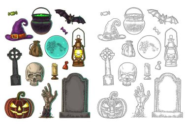 Cadılar Bayramı partisi için ayarlayın. Vektör renk vintage oyma