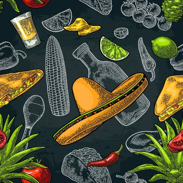 Modèle sans couture nourriture mexicaine. Tequila en verre, bouteille, sombrero, tacos, légumes . — Image vectorielle