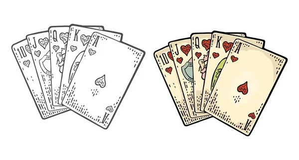 Royal Flush em corações. Mão masculina segurando uma carta de jogo . — Vetor de Stock