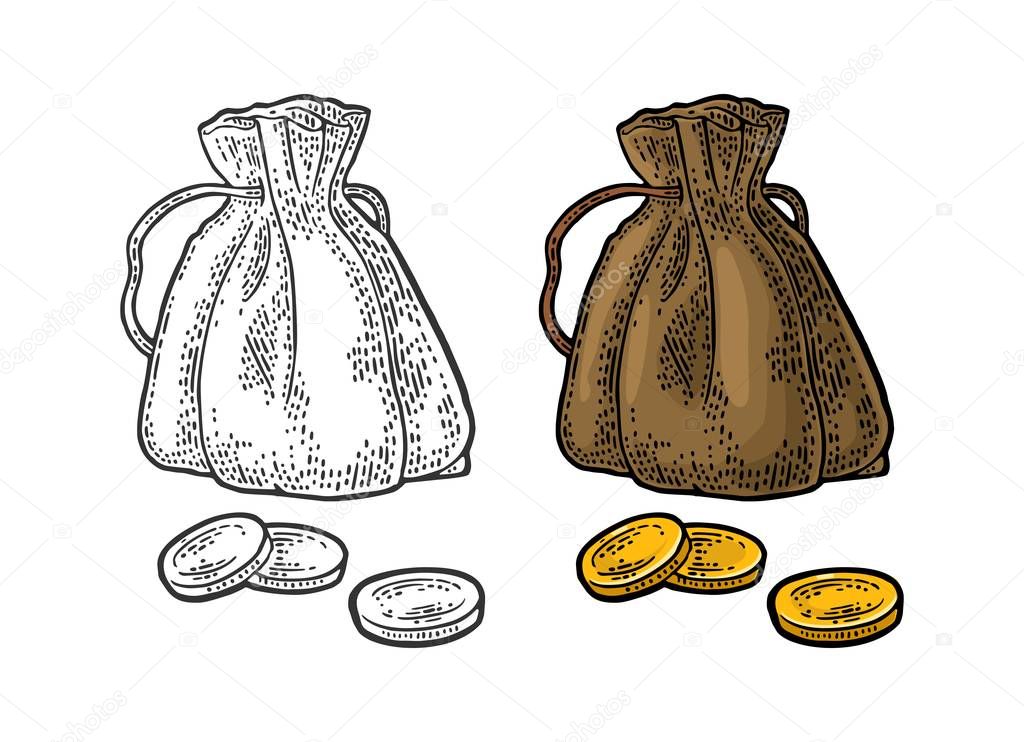 Old money bag with coins. Vintage color vector engraving
