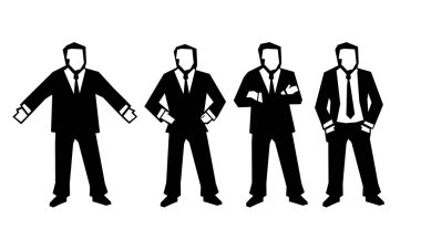 Farklı pozlar iş adamı ayarla. Eller cepler geçti, ve dalga. Beyaz arka plan üzerinde izole siyah vektör çizim.