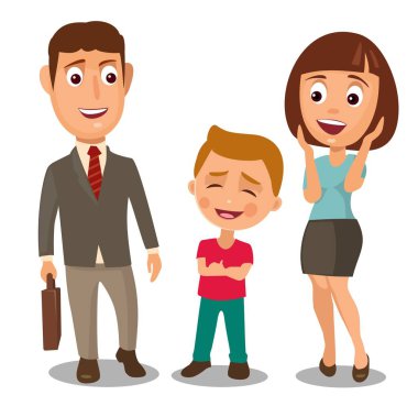 Mutlu bir aile. Sürpriz kadın yüz ve işadamı bir evrak çantası elinde