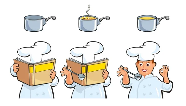 Chef preparando e degustando sopa, segurando receita de livro de receitas . — Vetor de Stock