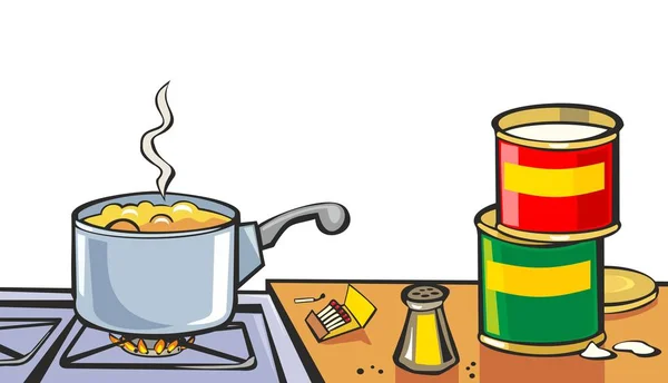 Chef preparazione zuppa e lettura ricetta ricettario . — Vettoriale Stock