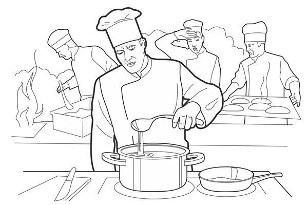 Lo chef prova la zuppa. Processo di cottura con tavolo figure chef in cucina — Vettoriale Stock
