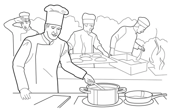 Cook aggiunge pepe alla padella a tavola nella cucina del ristorante — Vettoriale Stock