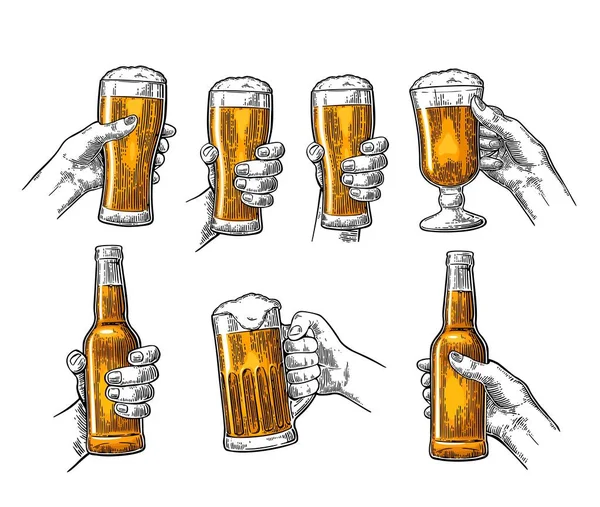 Man and woman hands holding, clinking with beer glass, bottle — Stock Vector