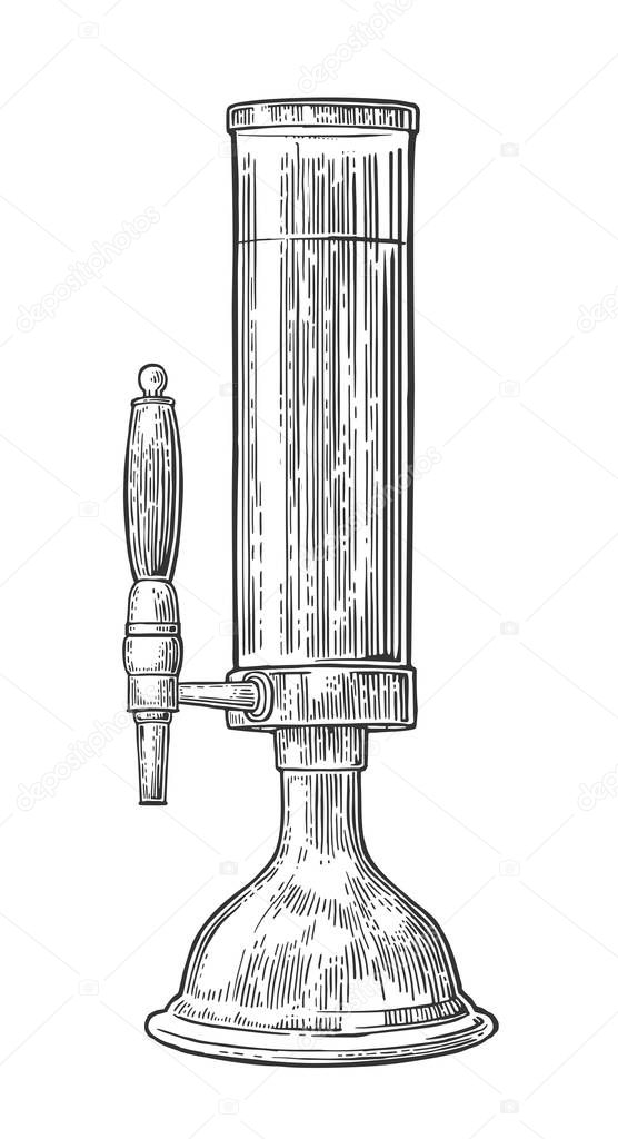 Beer tower with tap. Vintage vector engraving illustration for web, poster, invitation to beer party.