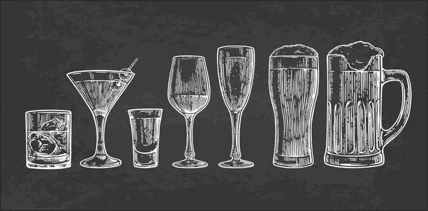 Zestaw szkła na piwo, whisky, wino, tequila, koniak, szampan, brandy, koktajle, alkohol — Wektor stockowy