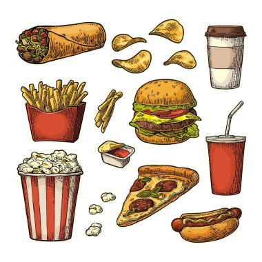 Set lokanta. Su bardağı kola, kahve, hamburger, pizza, hotdog, fry patates Anmalık kutular, karton kova tam patlamış mısır ve ketçap.