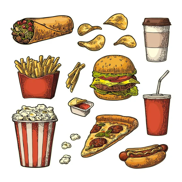 Set fast food. Cup cola, coffee, hamburger, pizza, hotdog, fry potato in paper box, carton bucket full popcorn and ketchup. — Stock Vector