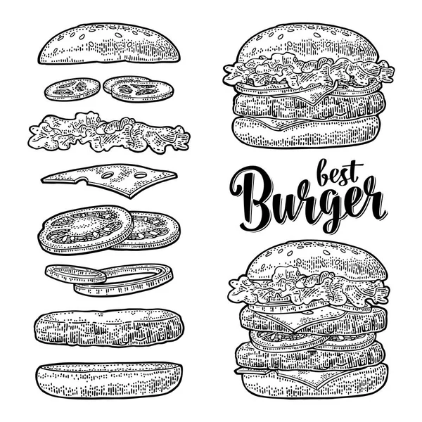 Burger con ingredienti volanti su sfondo bianco. Incisione vettoriale annata nera — Vettoriale Stock