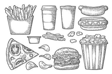 Fast food hazırla. Kahve, hamburger, pizza, sosisli sandviç, kızarmış patates, patlamış mısır.
