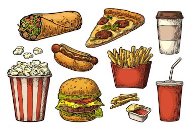 Set lokanta. Su bardağı kola, kahve, hamburger, pizza, hotdog, fry patates Anmalık kutular, karton kova tam patlamış mısır ve ketçap.