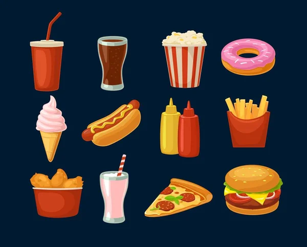 Imposta l'icona del fast food. Coppa cola, hamburger, pizza gambe di pollo fritte — Vettoriale Stock