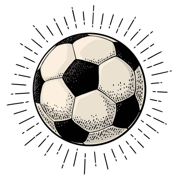 Fußball mit Strahl. Gravur Vektor schwarz Illustration. — Stockvektor